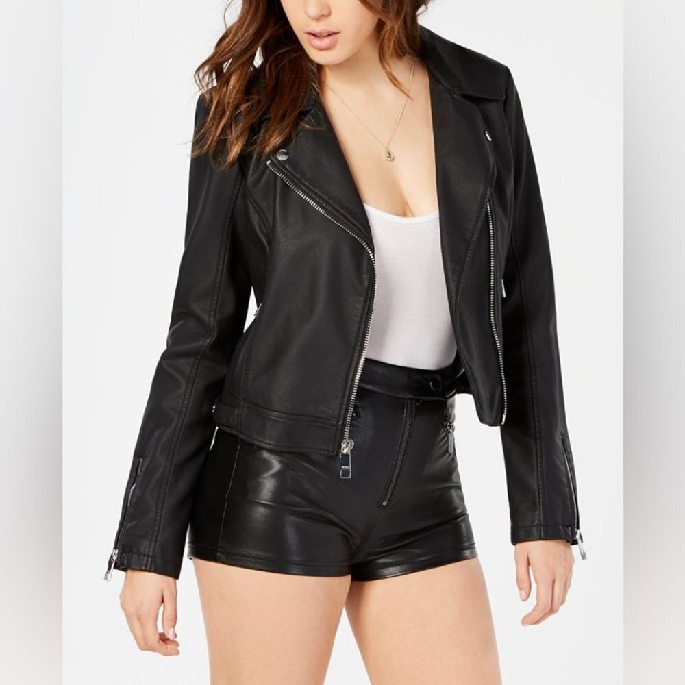 GUESS Women's Black Regina Faux Leather Biker Jacket size XS